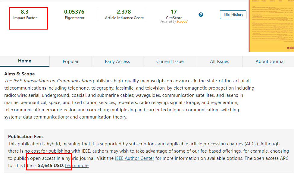  IEEE TRANSACTIONS ON COMMUNICATIONS影響因子和費用